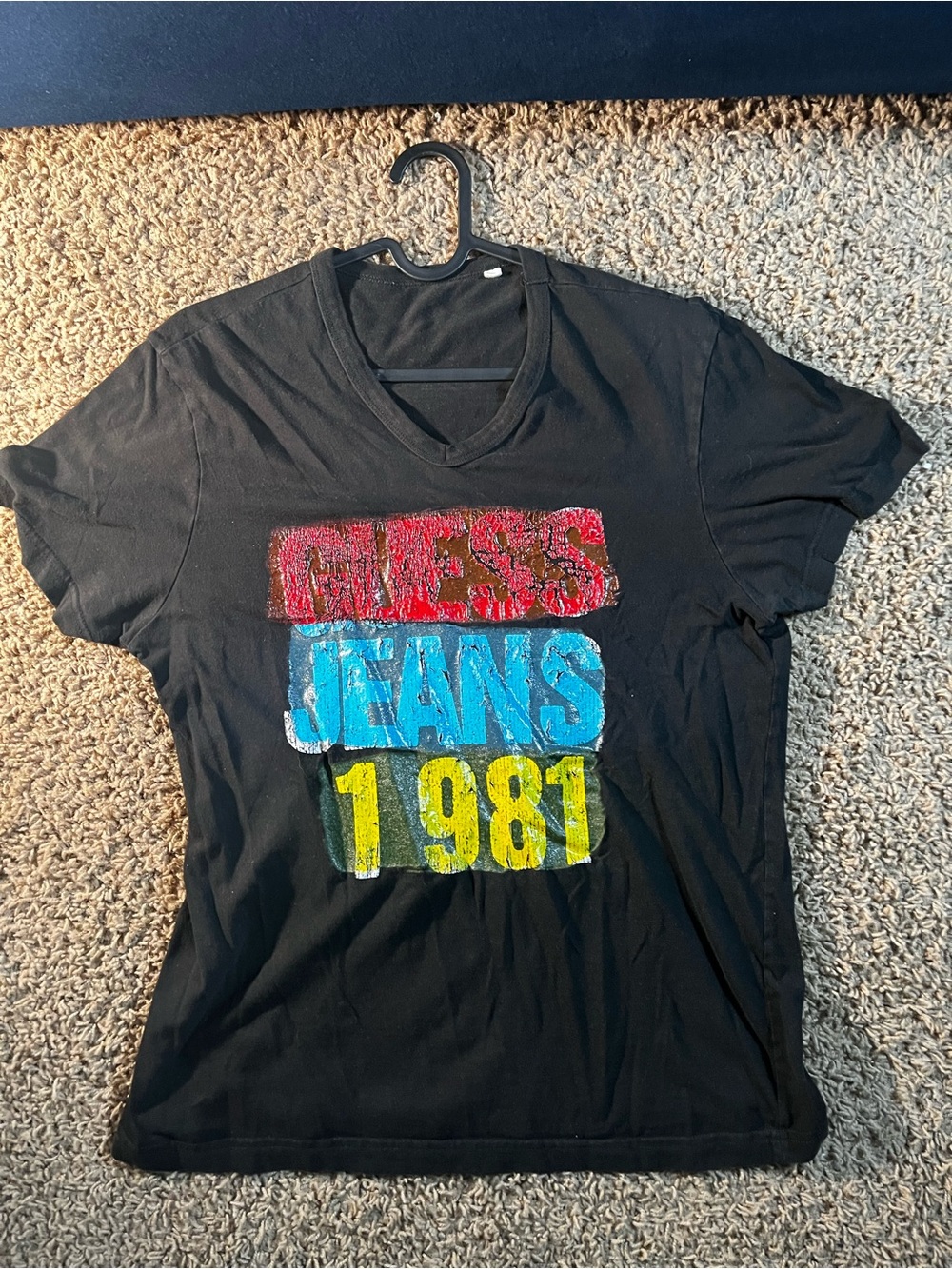 Guess Black V-Neck Tee with Red, Blue & Yellow Graphic
